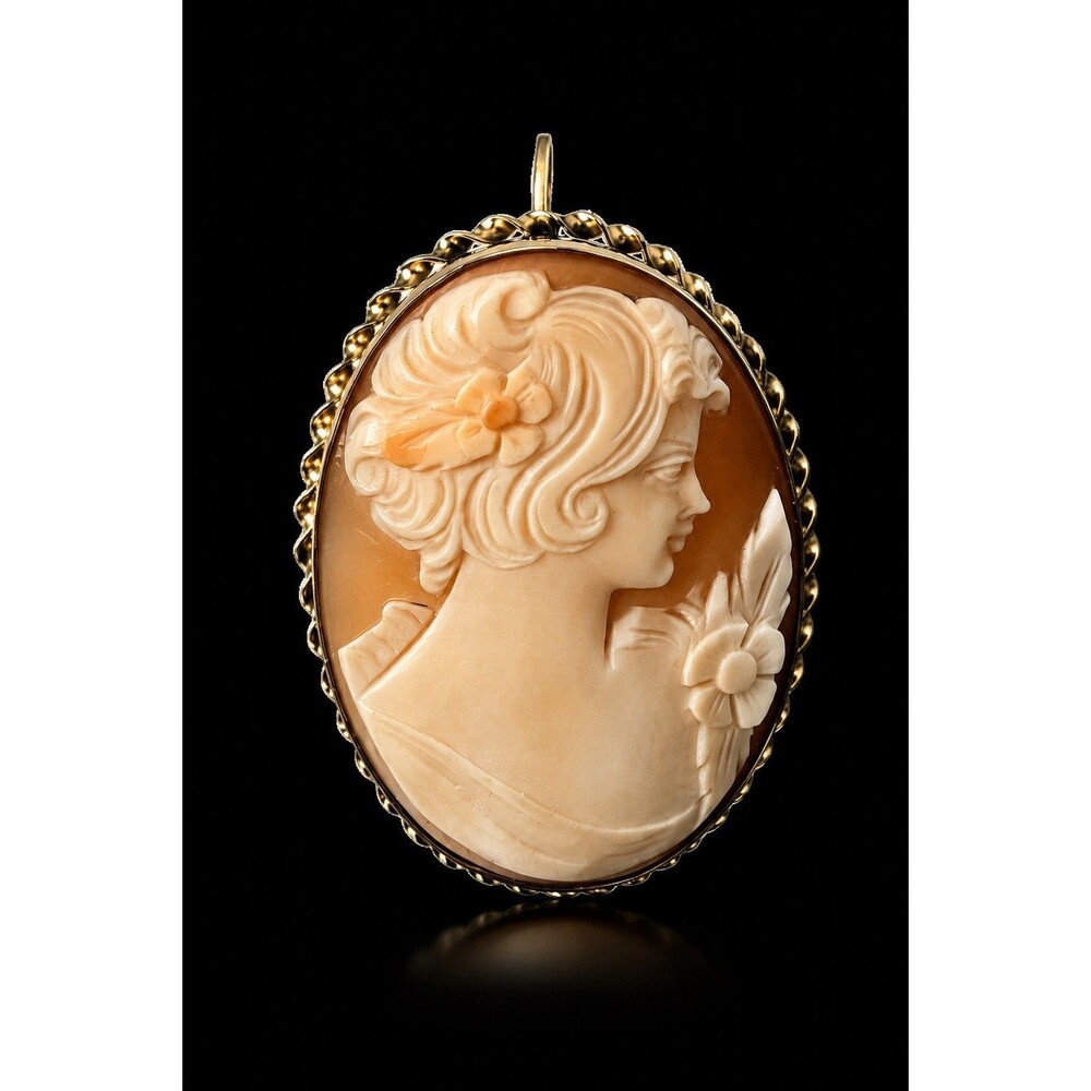 Vintage 12K Gold Filled Shell Cameo Brooch Pendant Signed Carved Lady Portrait